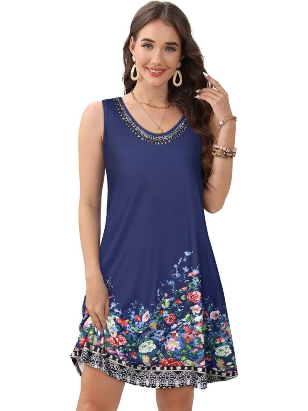 Women's Navy Blue Floral Casual Sleeveless Loose T Shirt V Neck Swing Mini Dress - Picture 3 of 6
